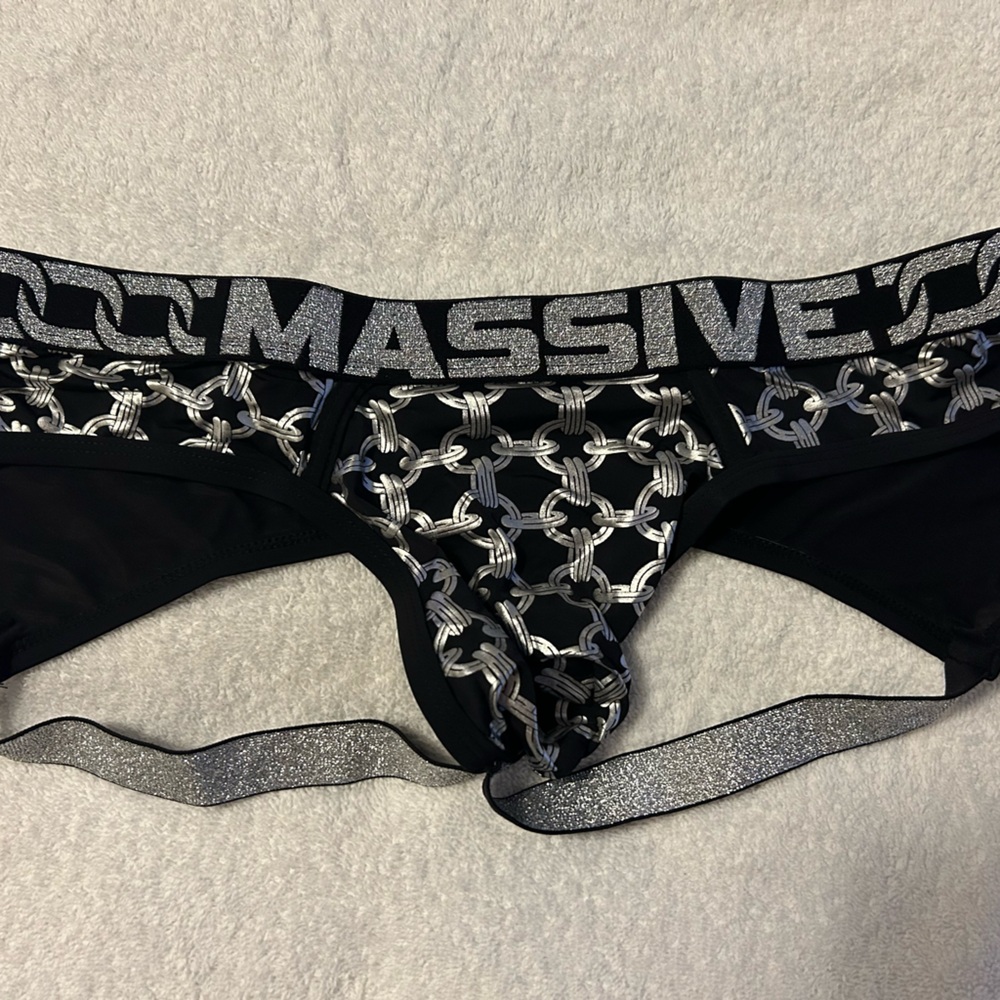 Andrew Christian jockstrap. XL Black and metallic silver.
